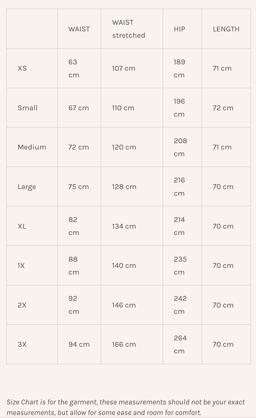 Lights of All Tuesday Skirt Size Chart
