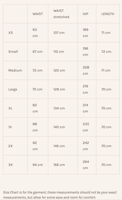 Lights of All Tuesday Skirt Size Chart
