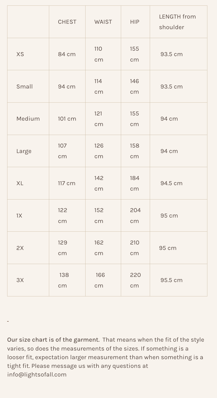 Size Chart for the Lights of All Caro Dress 