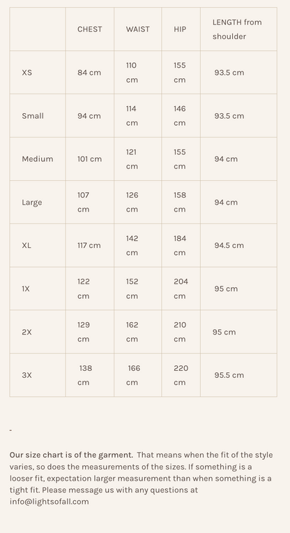 Size Chart for the Lights of All Caro Dress 