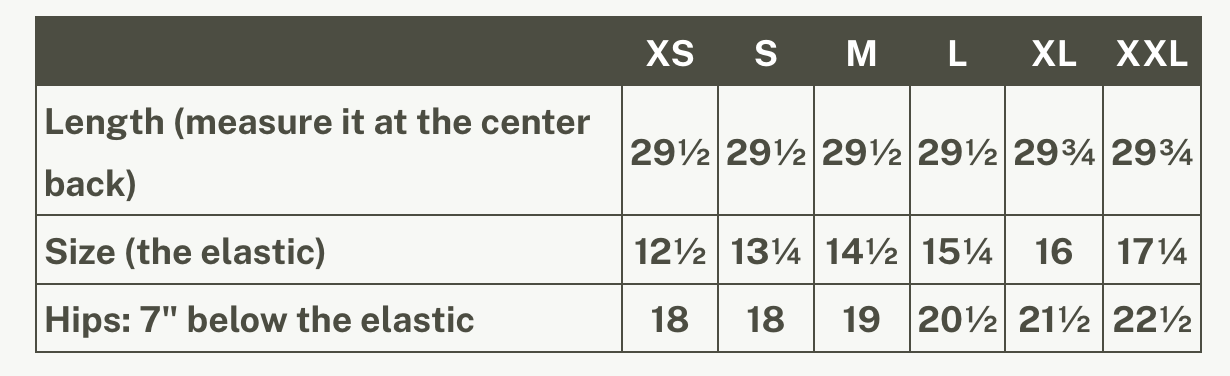 Garment measurement chart for the Hudson Skirt by Rien ne se Perd
