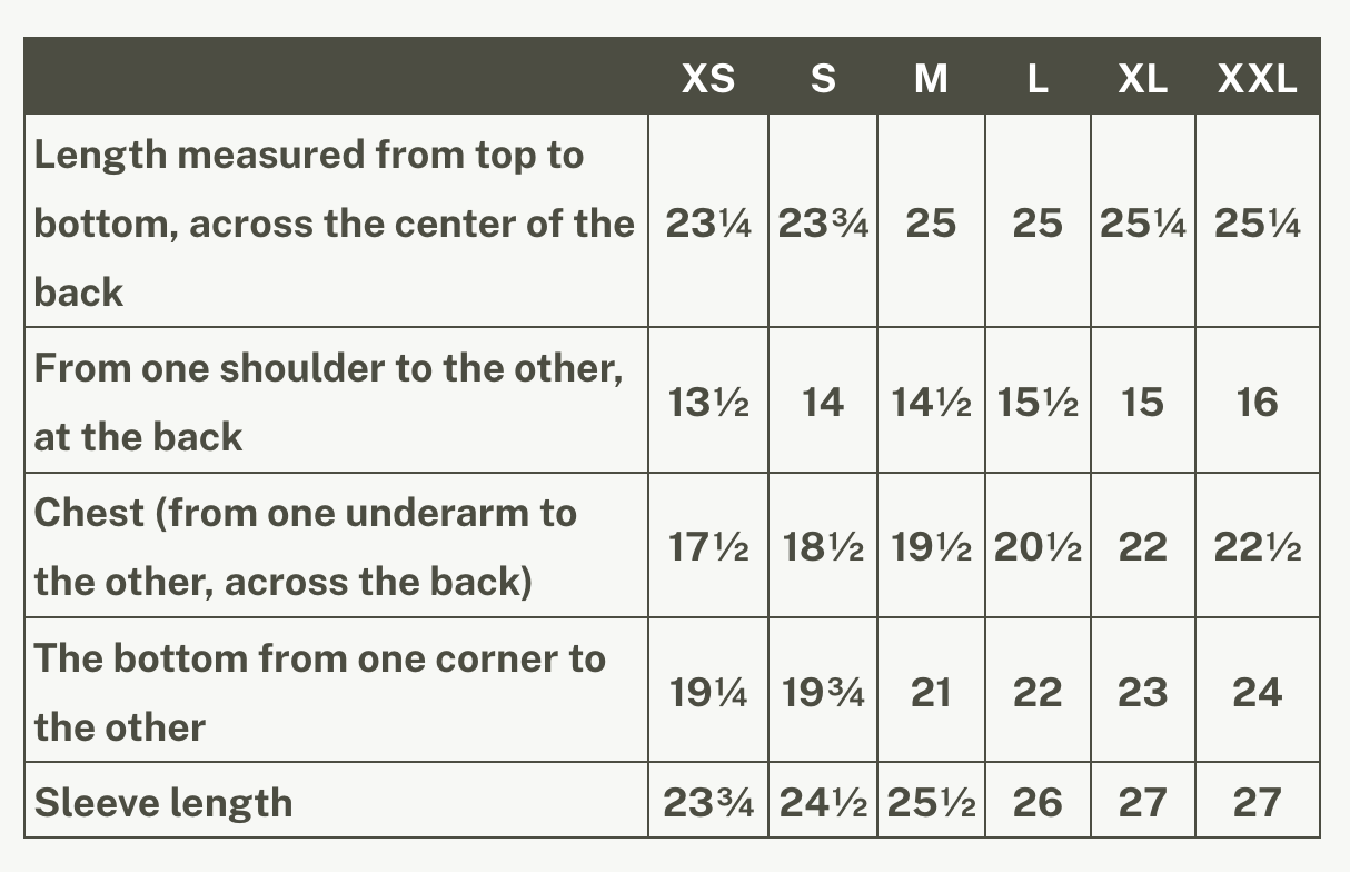 Garment measurement chart for the Ste. Croix Sweater by Rien ne se Perd