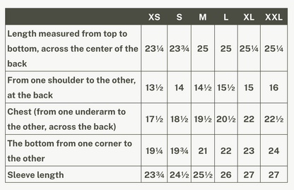 Garment measurement chart for the Ste. Croix Sweater by Rien ne se Perd
