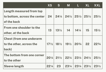 Garment measurement chart for the St. Charles Sweater by Rien ne se Perd