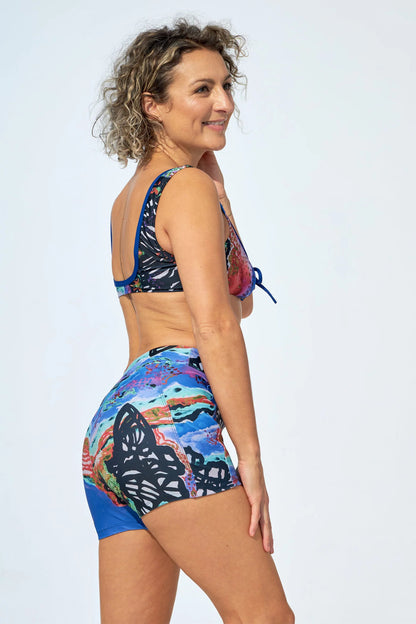 Demi Shorts by Selfish Swimwear, Oscar Print, medium high waist, pockets, recycled fibres, UV protection, sizes XS to XXL, made in Montreal