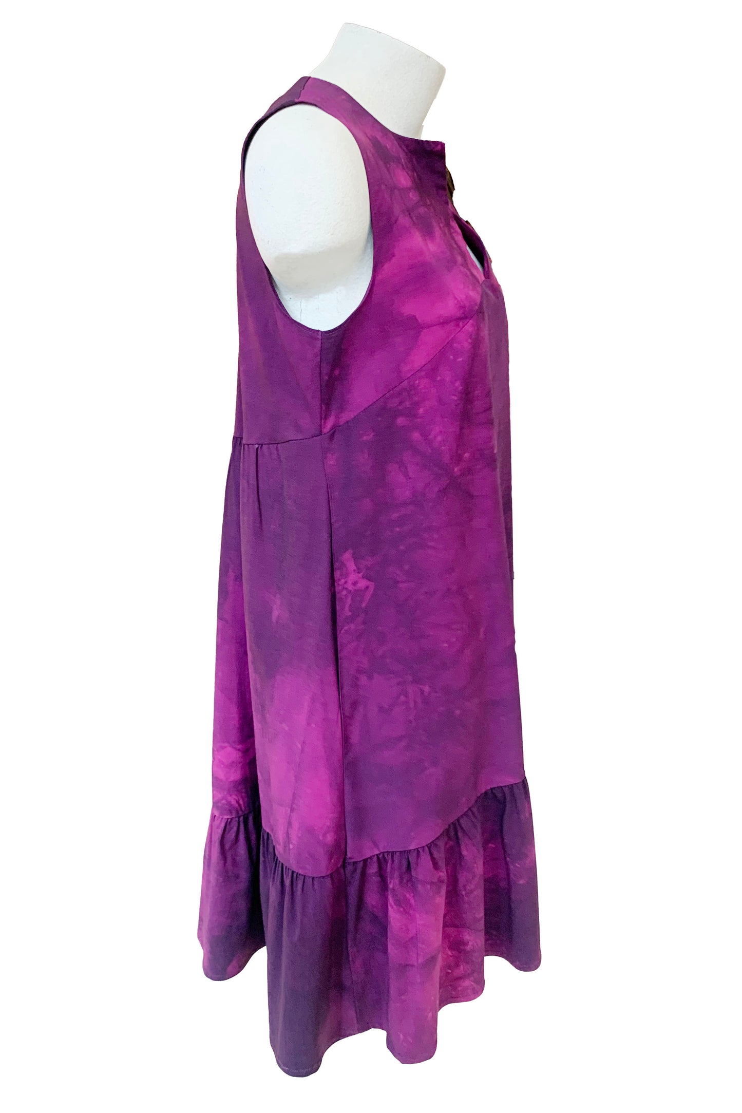 Jane Dress by Solomia, Tie Dye Plum, sleeveless, notched neckline, arched seam across the bodice, ruffled hem, sizes S-L, made in Carleton Place