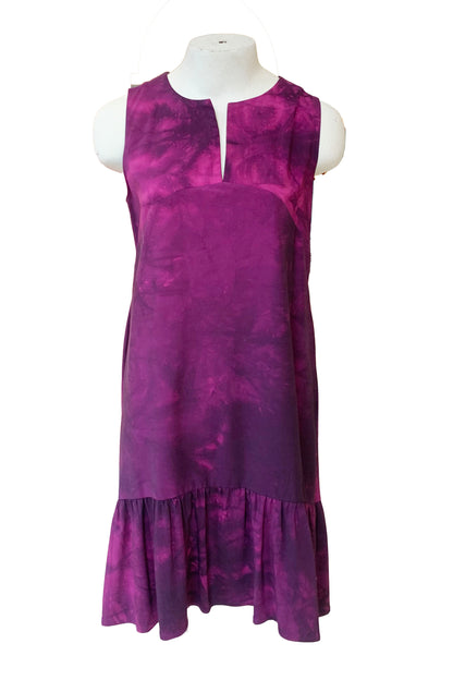 Jane Dress by Solomia, Tie Dye Plum, sleeveless, notched neckline, arched seam across the bodice, ruffled hem, sizes S-L, made in Carleton Place