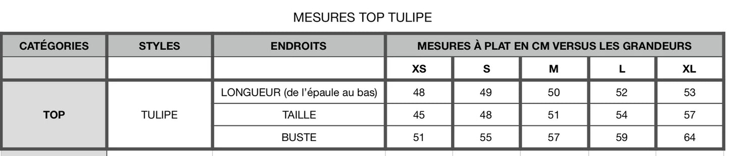 Size chart for measurements for the Tulipe Top by Kazak.