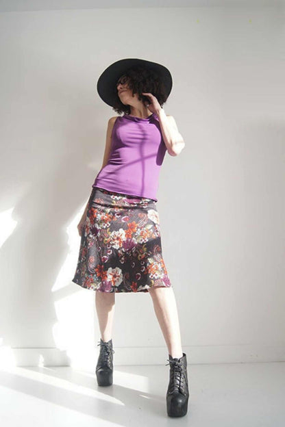 Bias Skirt by SI Design, Grey Floral, A-line skirt, elastic waist, knee length, sizes S-L, made in Montreal