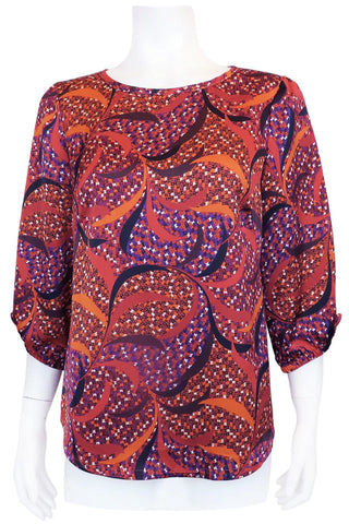 Lustre Pumpkin Plume Blouse by Mandala, Orange, jewel neckline, 3/4 sleeves with covered button detail, scooped hem, loose fit, sizes XS to XL, made in Ontario
