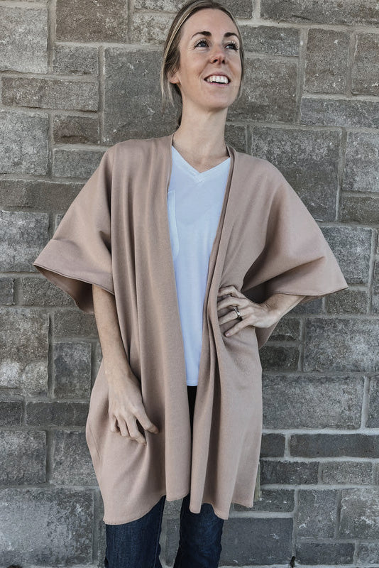 Dawn Sweater by Blondie, Stucco, wrap style sweater, wide short sleeves, open front, ribbed cotton, one size, made in Toronto