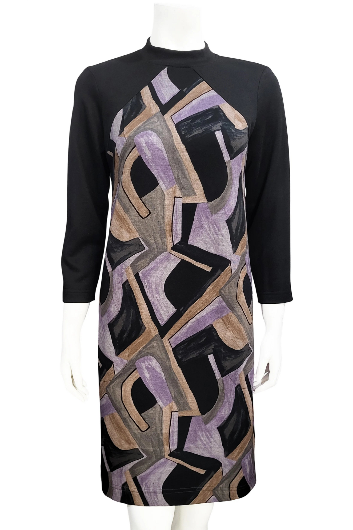 Mandala's Victoria Mock Neck Dress in Purple print, a knee-length dress featuring black raglan 3/4 sleeves and subtle shaping, is shown on a mannequin in front of a white background. 