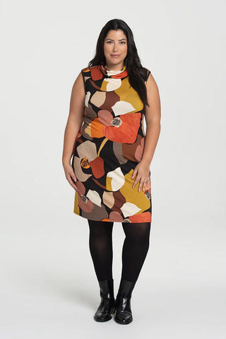 Valentina Dress by Kollontai, Multicolour, bold abstract print, turtleneck, sleeveless, above the knee, sizes XS to XL, made in Montreal