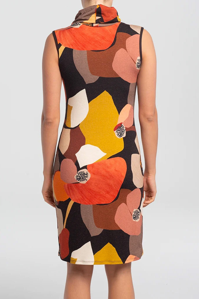 Valentina Dress by Kollontai, Multicolour, back view, bold abstract print, turtleneck, sleeveless, above the knee, sizes XS to XL, made in Montreal