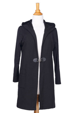 Vallee Vest by Rien ne se Perd, Black, hooded long cardigan, patch pocket, fastener at front, bamboo and cotton, sizes XS to XXL, made in Quebec