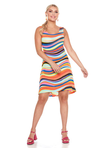 Vaya Dress by Yul Voy, Wavy print, bright colours, sleeveless, wide straps, scoop neck, A-ine shape, above the knee length, sizes  XS to XXL, made in Quebec