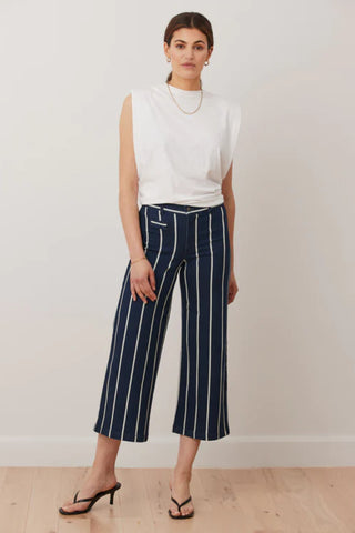 Navy Pier Lily Classic Rise Wide Leg by Yoga Jeans, railroad stripe, classic rise, wide leg, cropped, 25-inch inseam, decorative pockets, Flow fabric, sizes 25-32, made in Canada