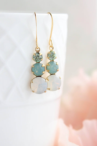 Vintage Glass Earrings - Three Jewel Aqua and Opal Glass