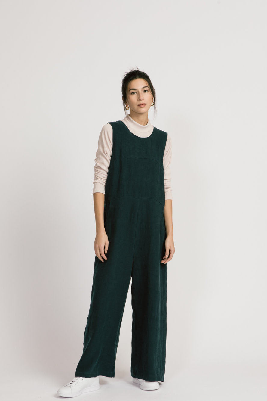 Agatha Jumpsuit by Allison Wonderland, Lagoon, round neck in front, V-neck in back, oversized, wide legs, 100% linen, eco-fabric, sizes 2-12,  made in Vancouver