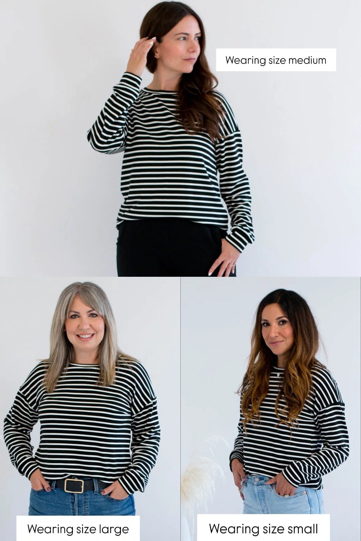 Three women wearing the Munro Bamboo Crewneck sweater by Ang Hill in Black and White stripes sweater in different sizes on a white background