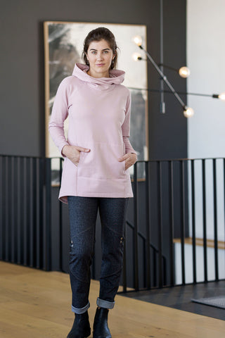 Apres Ski Tunic by Rien ne se Perd, Pink, large hood, cowl neck, kangaroo pocket, cotton and bamboo, sizes XS to XXL, made in Quebec