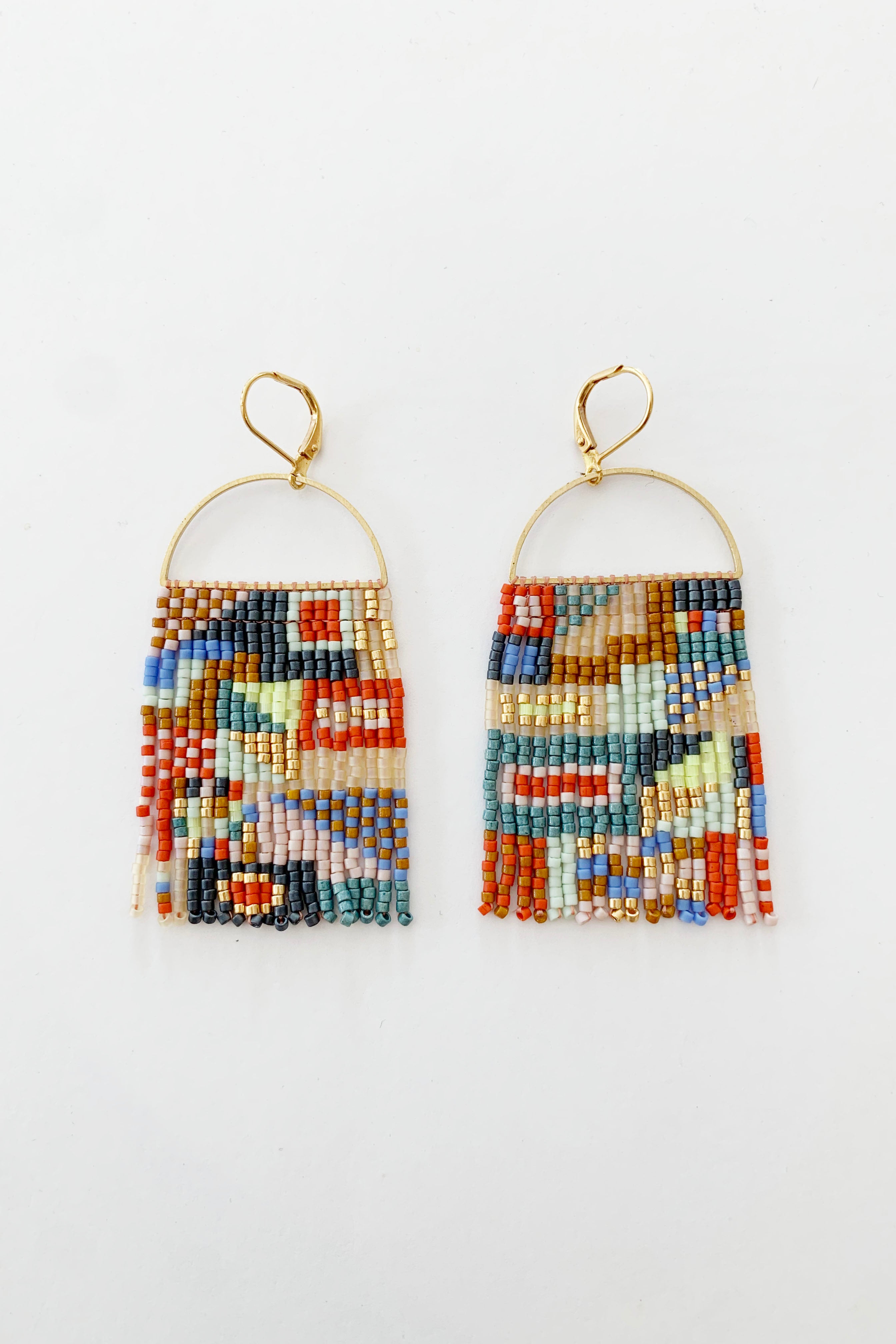 Semi Circle Fringe Earrings - Patchwork  Muted Primary colours