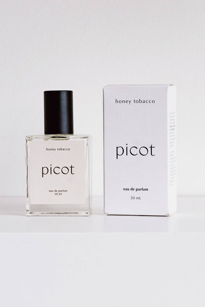 Picot Honey Tobacco eau de parfum bottle and packaging on a white background