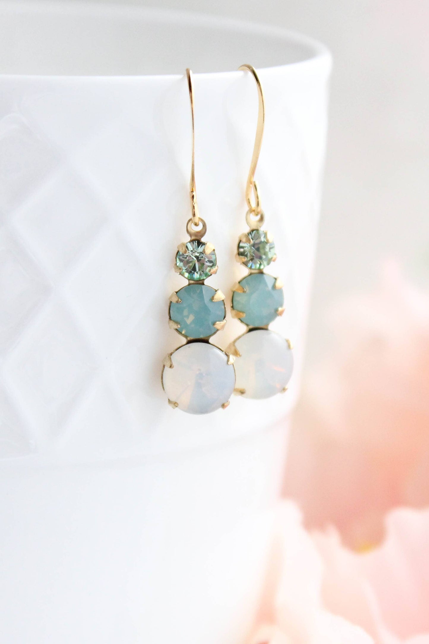 Vintage Glass Earrings - Three Jewel Aqua and Opal Glass
