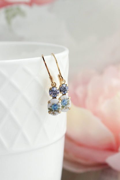 Little Blue Rose Cameo Earrings | Vintage Glass