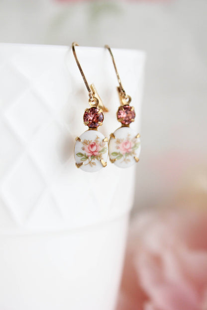 Vintage Style Flower Cameo Earrings | Pink Rose Earrings