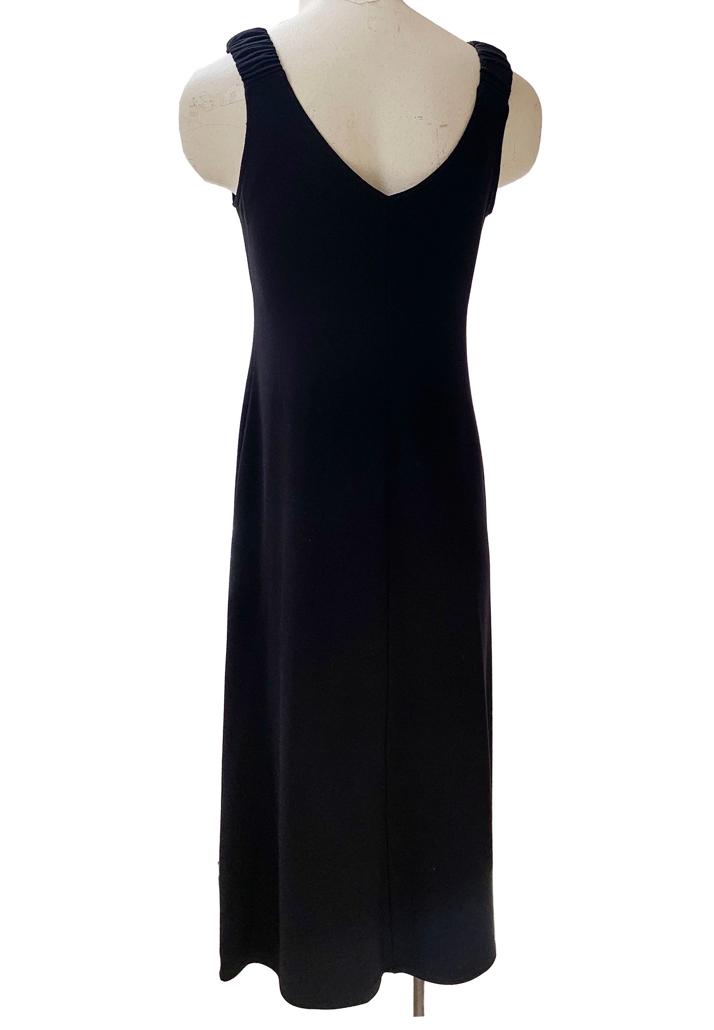 Mary Tank Dress by Compli K, Black, back view, wide straps with ruching detail at the shoulders, V-neck at front and back, slight A-line shape, ankle length, eco-fabric, bamboo/viscose, sizes XS to XXL, made in Montreal 