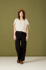 Bonnie Pants by Cokluch, Black, flared, loose fit, zipper and button closure, front pockets, cotton, sizes XS to XL, made in Montreal
