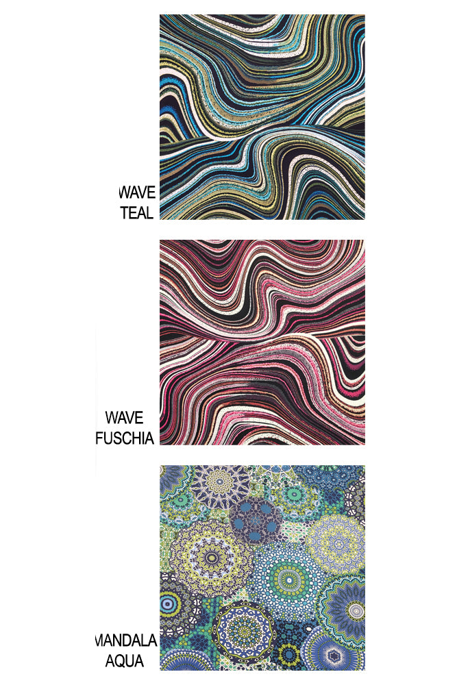 Teal Wave, Magenta Wave, and Aqua Mandala colour swatches for the Bowen Cowl Slouch Top by Mandala. 