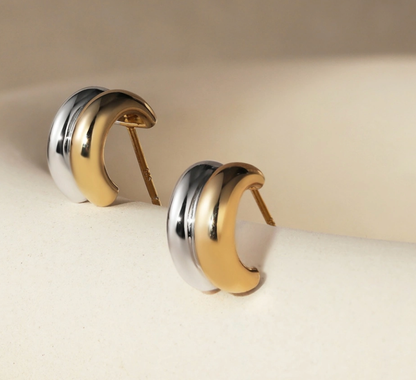 Puffy Double Hoop Earring | Steel Gold Huggie 