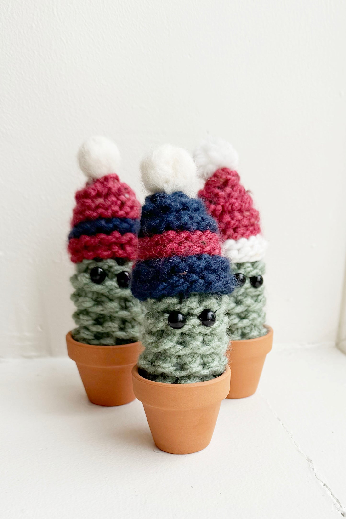 Knitted Winter Cacti by Curl Country, with hats and set in terracotta pots, are shown in front of a white background. 