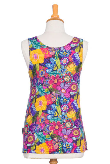 Lara Reversible Camisole by Rien ne se Perd, Colourful Flowers, wide straps, high neck on one side, scoop neck on the other side, fitted at the chest and dflared through the waist, sizes XS to XXL, made in Quebec