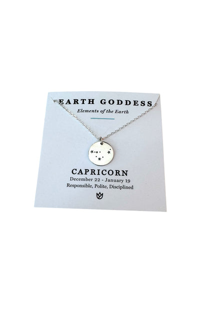 Necklace with Capricorn zodiac symbol on a 'Earth Goddess' branded card.