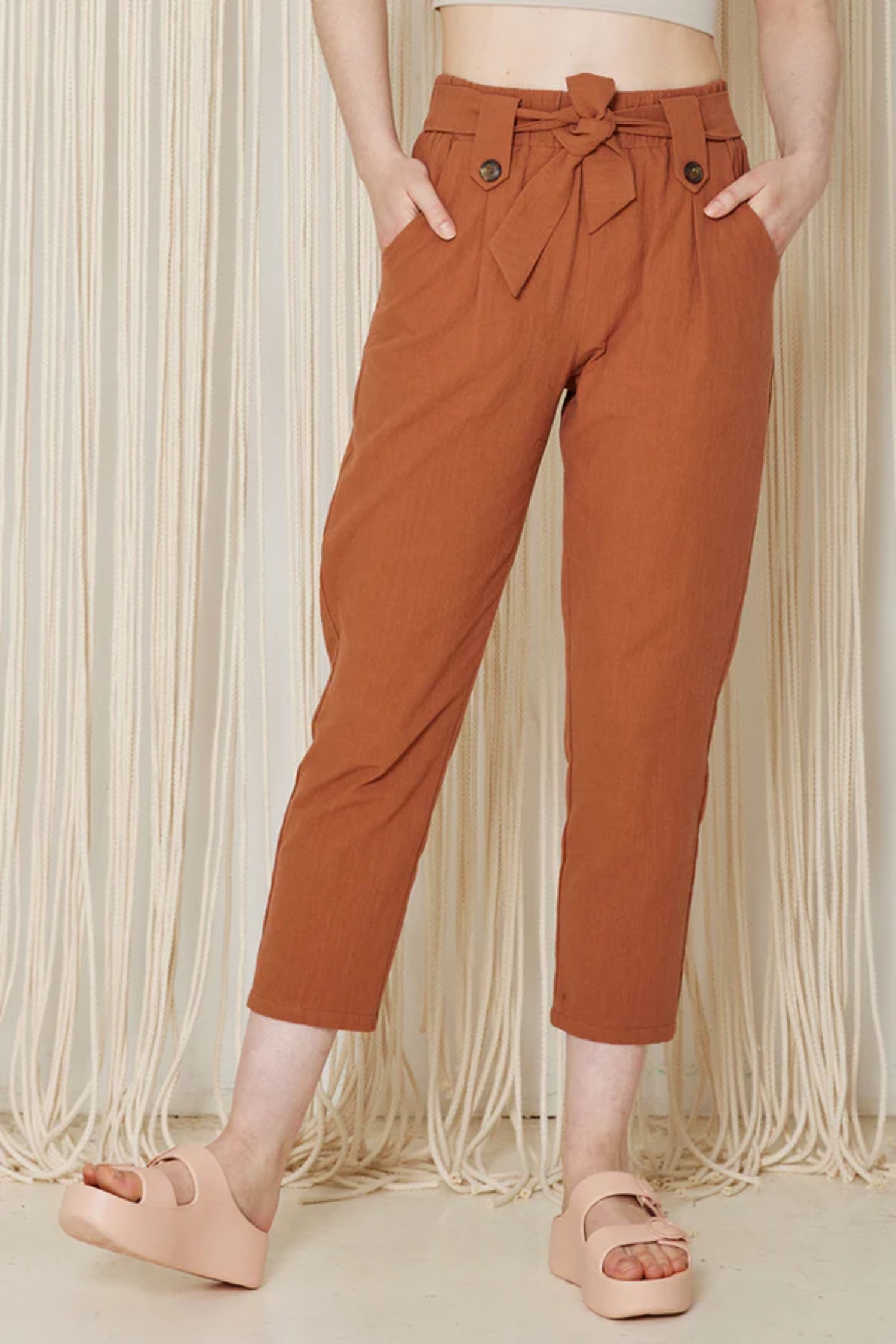 Hosta Pants by Cokluch, Sienna, elastic waist, sewn-in belt  held in place with loops and buttons, tapered ankle-length legs, eco-fabric, cotton, OEKO-TEX certified, sizes XS to XL, made in Montreal 