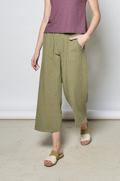 Heidi Pant by Tangente, Sage, cropped, wide leg, elastic waist, slant pockets, eco-fabric, rayon and linen, OEKO-TEX certified, sizes XS to XL, made in Montreal