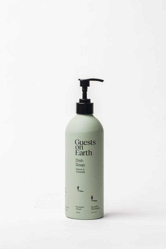 Guests on Earth Dish Soap in a matte sage green bottle with a black pump dispenser, set against a clean white background.