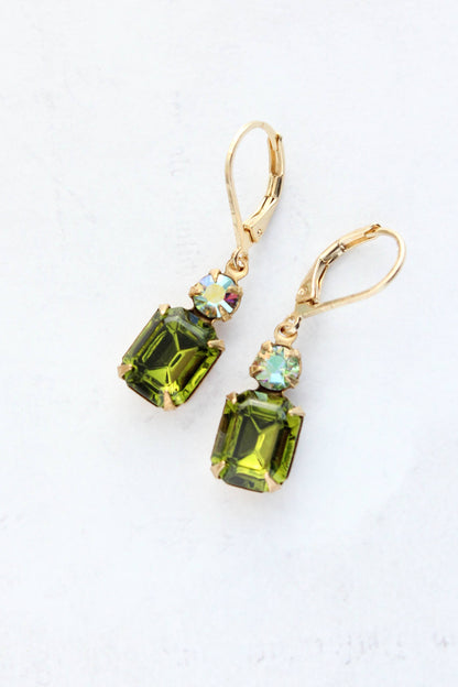 Small Drop Earrings | Olivine Green Glass and Gold Drops