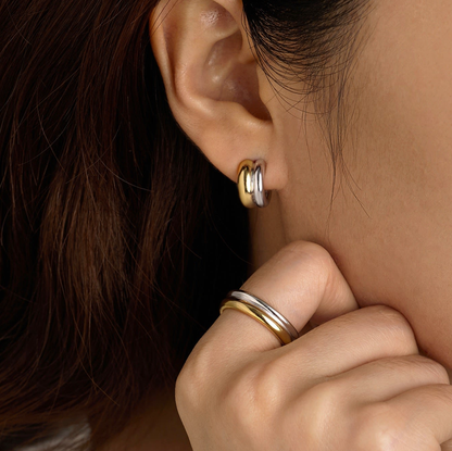 Puffy Double Hoop Earring | Steel Gold Huggie 