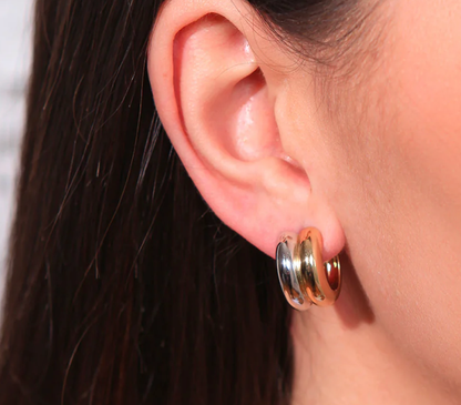 Puffy Double Hoop Earring | Steel Gold Huggie 
