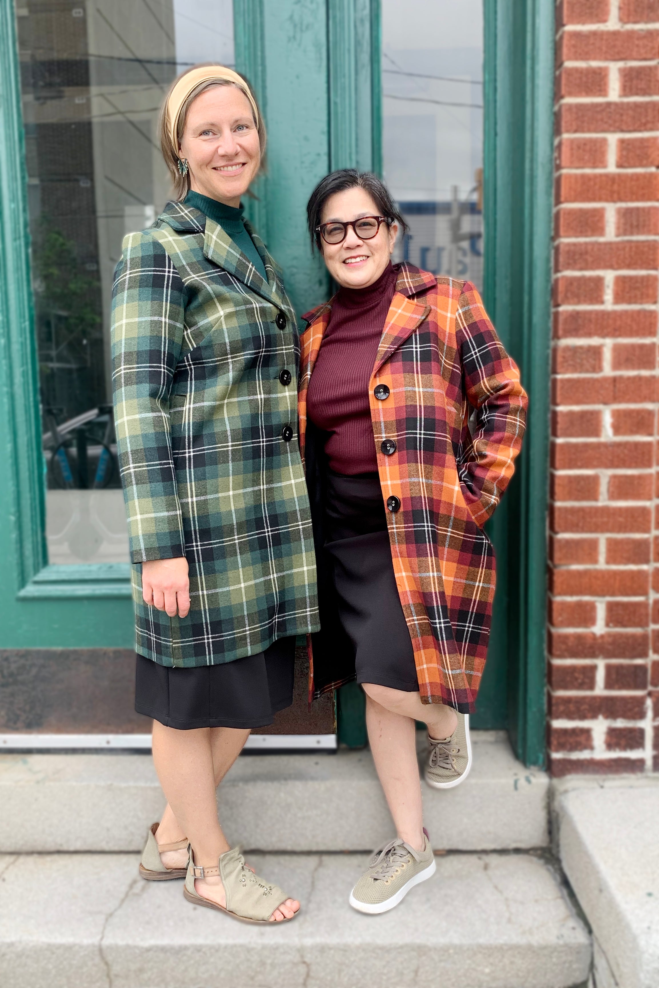 Sybille Coat by Luc Fontaine, Green and Orange plaids, wide lapels, buttons up the front, pockets, above the knee, sizes 4-16, made in Canada