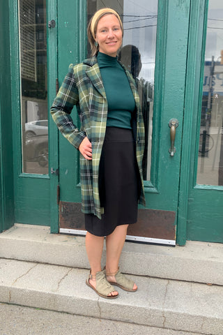 Sybille Coat by Luc Fontaine, Green, wide lapels, buttons up the front, pockets, above the knee, sizes 4-16, made in Canada