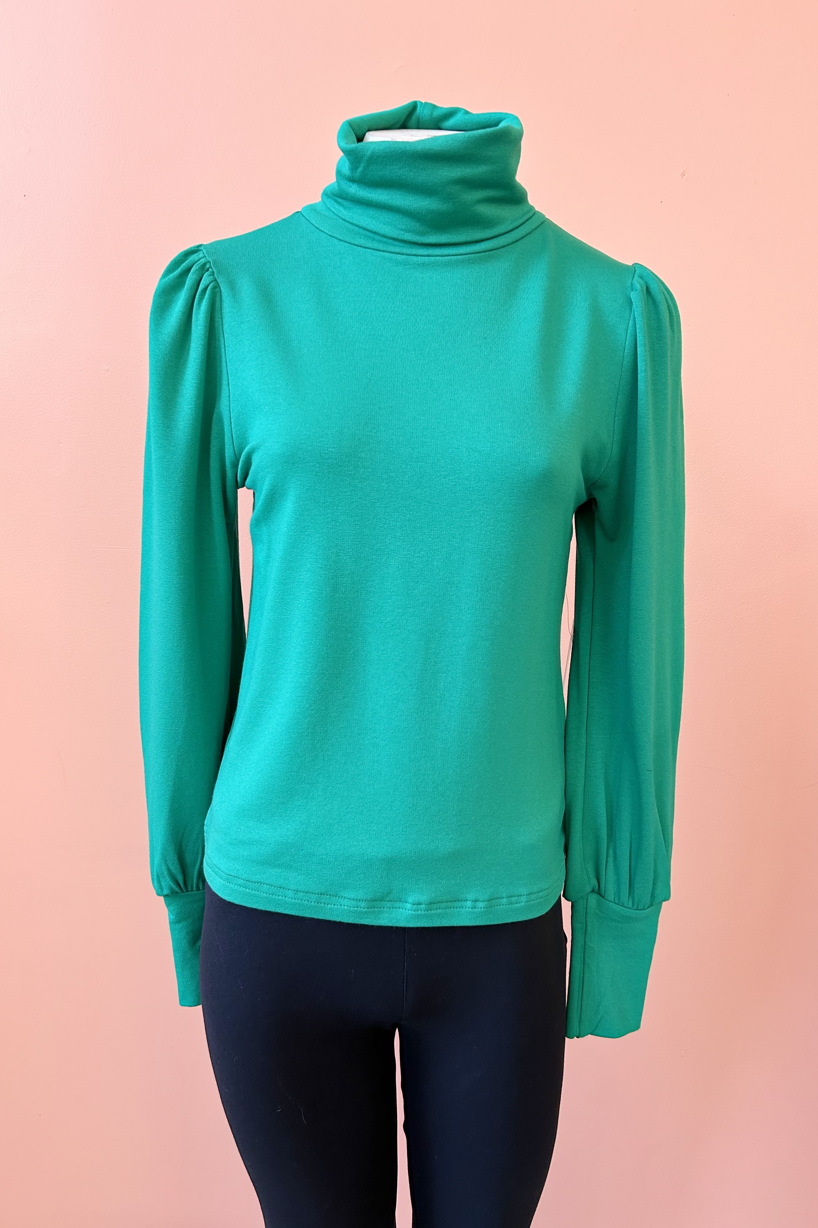 Turtleneck Top by Misstery, Sparkle, high neck, puffed sleeves with gathered cuffs, sizes S to XL, made in Toronto 
