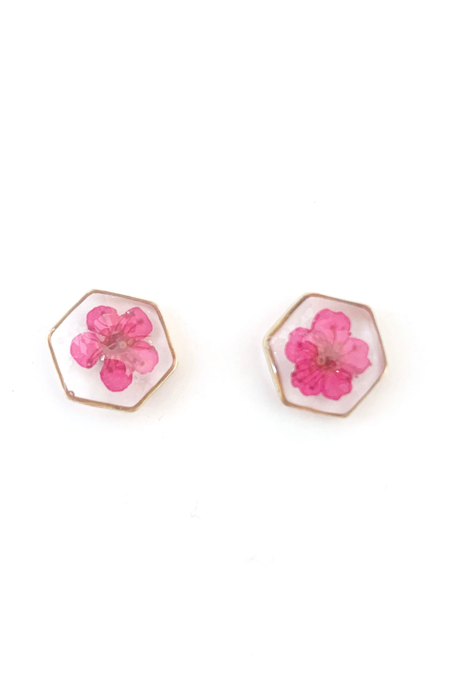 Pressed Flower Hexagon Stud Earrings