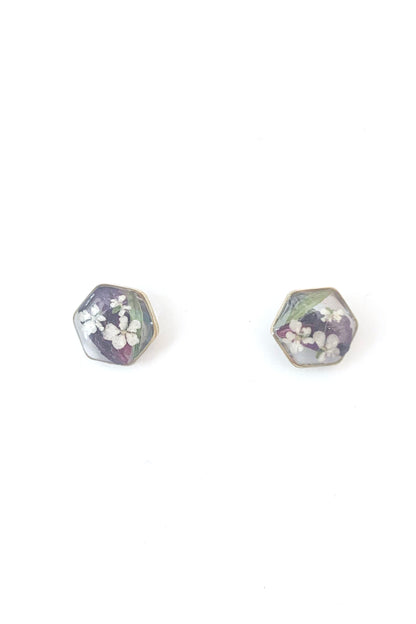 Pressed Flower Hexagon Stud Earrings