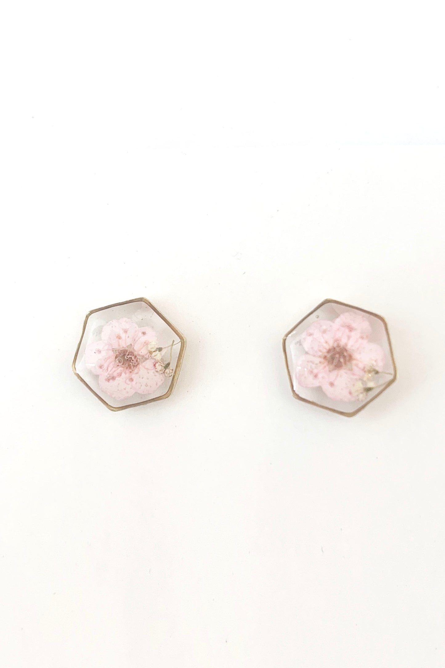 Pressed Flower Hexagon Stud Earrings