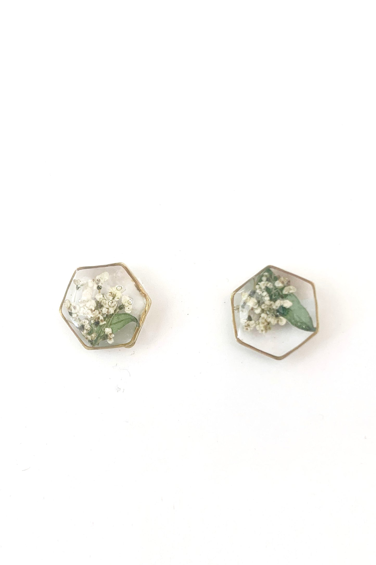 Pressed Flower Hexagon Stud Earrings